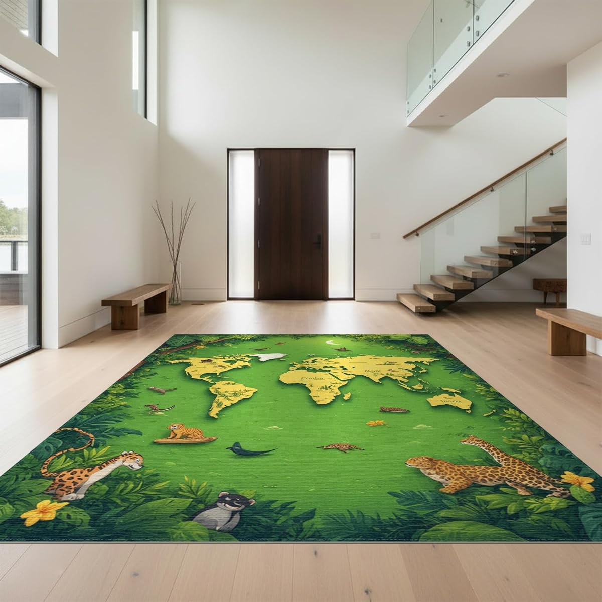 Design&I 6'x9' Green Tropical World Map Adventure Washable Area Rug | Explore Exotic Animals in an Educational Layout for Queen Size Bedroom, Under Bed, Sleek Flatweave Pet Friendly