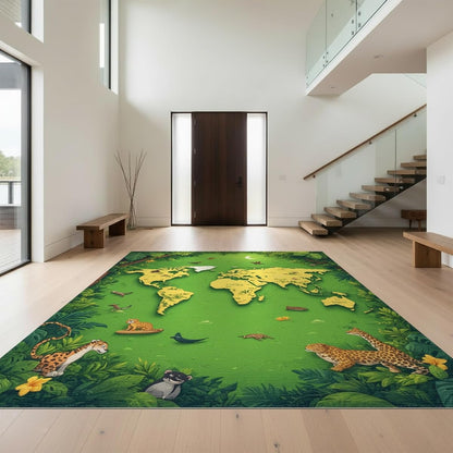 Design&I 6'x9' Green Tropical World Map Adventure Washable Area Rug | Explore Exotic Animals in an Educational Layout for Queen Size Bedroom, Under Bed, Sleek Flatweave Pet Friendly