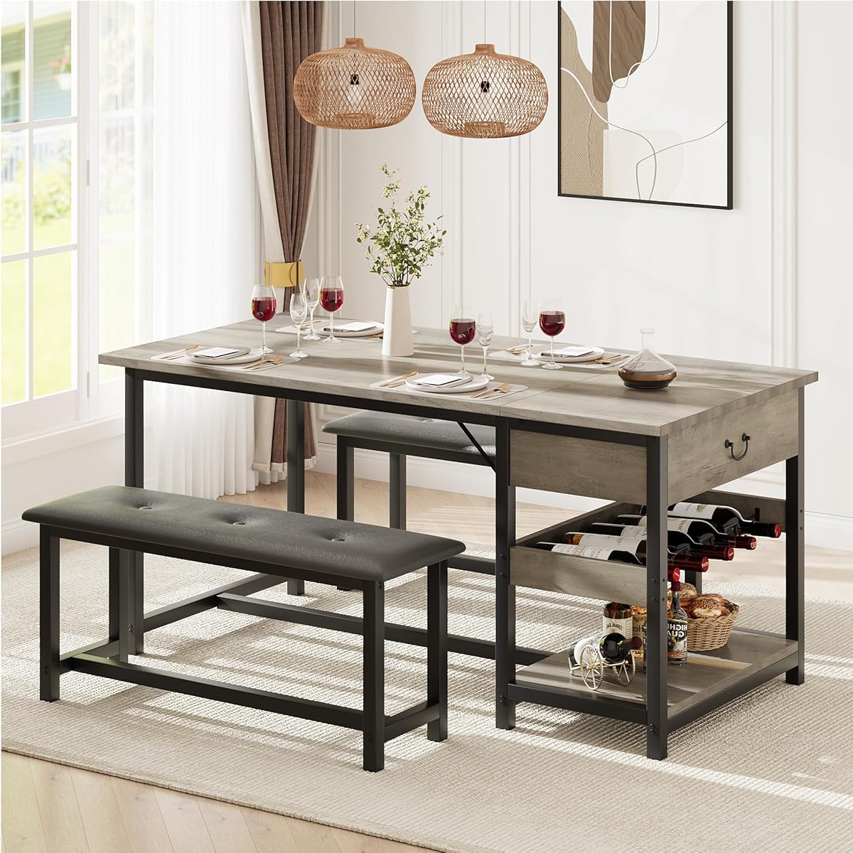 Dining Table Set for 4 with Storage Drawers & Wine Rack, Kitchen Table and Upholstered Benches for Small Spaces, Gray