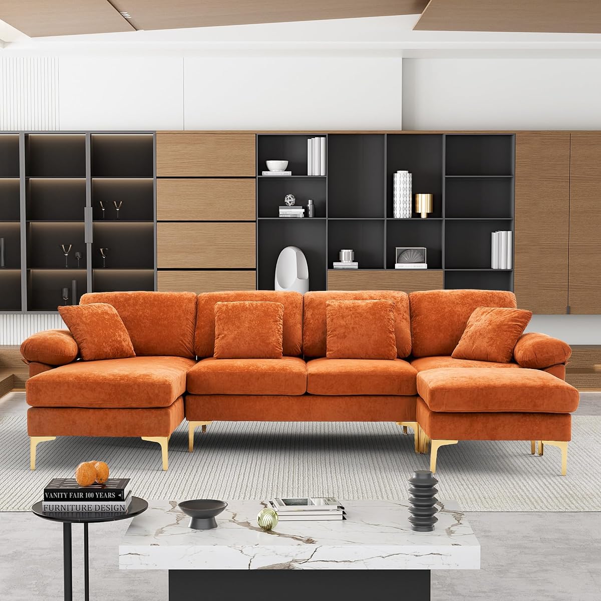 U-Shaped Sectional Sofa Couch, 4 Seat Sofa Set for Living Room, Convertible L-Shaped Velvet Couch Set with Chaise Lounge, Ottoman and Pillows,114 inches (Orange)