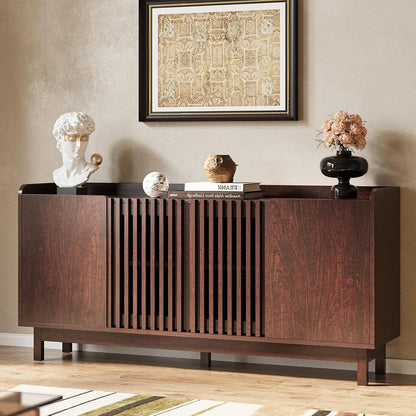 Storage Cabinet with Grille Doors, Natural Red Walnut | 2 Adjustable Shelves
