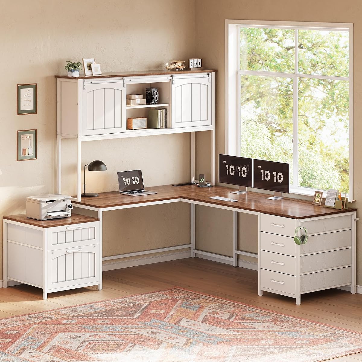Reversible Farmhouse L Shaped Office Desk with 6 Drawer, Hutch