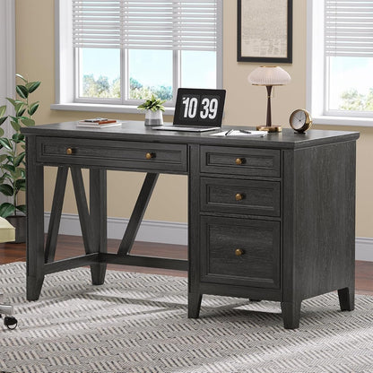 54 Inch Farmhouse Executive Desk, Computer Desk with Drawers, Home Office Desk with Charging Station, for Working Studying Writing, Black