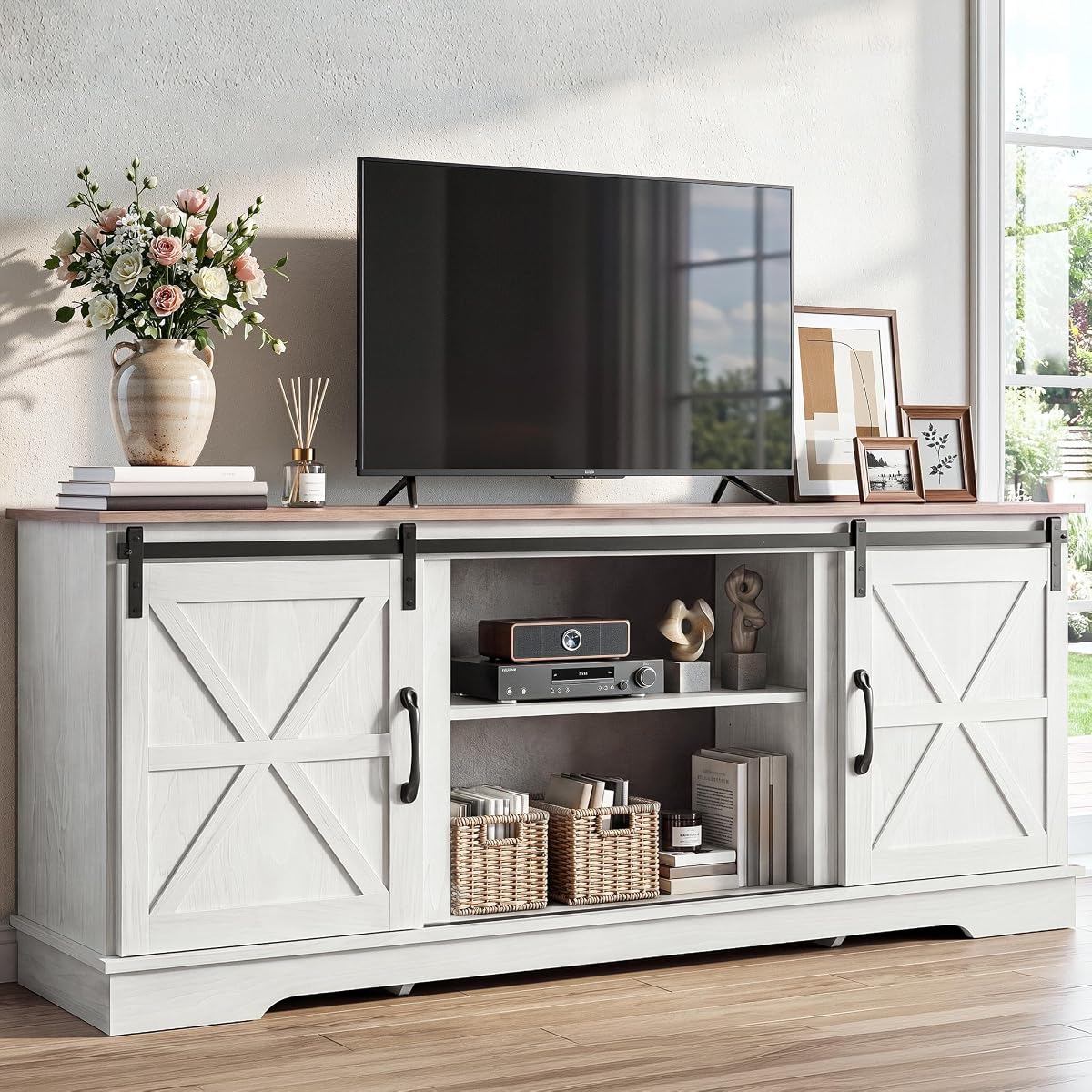 Farmhouse TV Stand for 65", Entertainment Center, White/Grey Wash