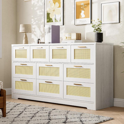 10 Drawer Dresser for Bedroom, 59 in Farmhouse Rattan Dressers & Chests of Drawers, Wooden Storage Organizer with Anti-Tipping Device for Living Room, Hallway, Entryway, White