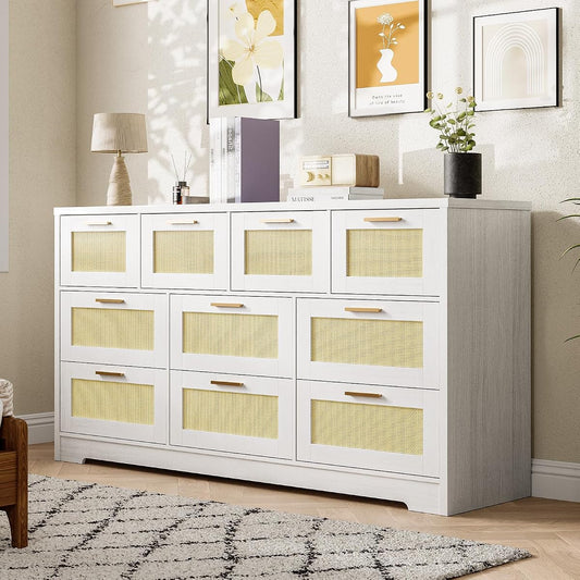 10 Drawer Dresser for Bedroom, 59 in Farmhouse Rattan Dressers & Chests of Drawers, Wooden Storage Organizer with Anti-Tipping Device for Living Room, Hallway, Entryway, White