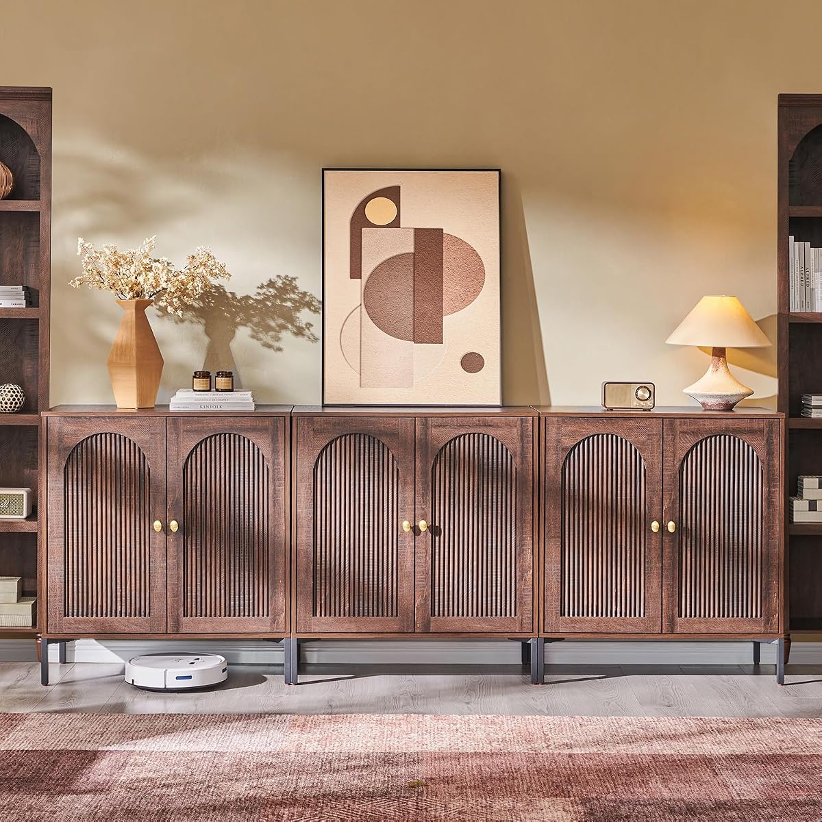 92.63" W Modern Arched Sideboard Buffet Cabinet with Storage, Brown