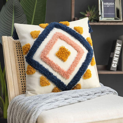 Boho Pillow Covers 20x20 Modern Geometric Diamond Boho Pillows Decorative Throw Pillow Cases Blue Pink Soft Woven Tufted Pillow Cushion for Couch Sofa Bedroom Living Room