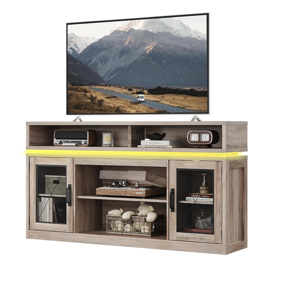 Farmhouse TV Stand for TVs Up to 65" with LED & Top Shelf, Gray Oak
