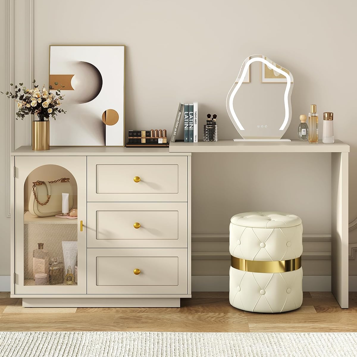 59" Makeup Vanity Desk, Beige Vanity Dresser for Girls and Women