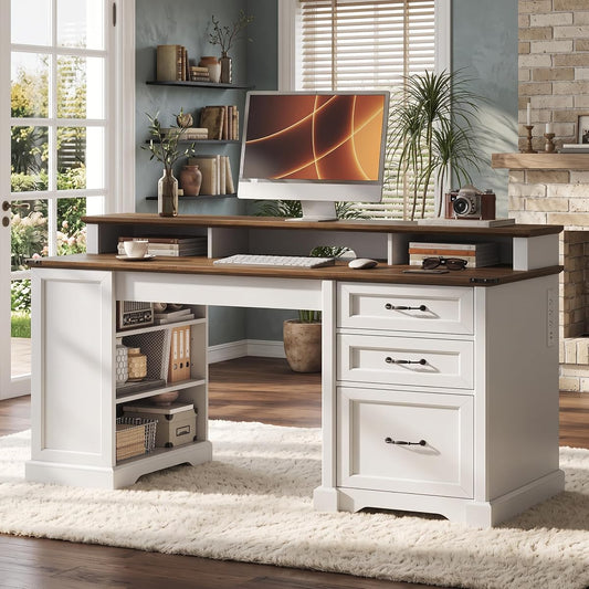 55" Farmhouse Executive Desk, Home Office/ Computer Desk with Monitor Stand