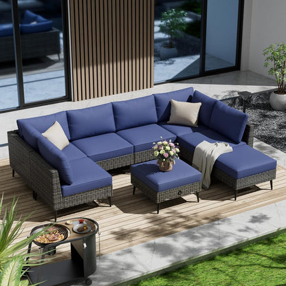 8 Pieces Outdoor Patio Furniture Set, Wicker Sectional Sofa Set for All-Weather, Rattan Conversation Sets with Cushions and Storage for Deck, Backyard, Porch (Grey)