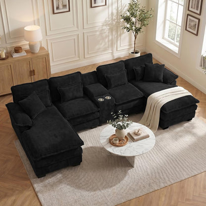133" Oversized U Shaped Cloud Couch Modular Sectional Couches for Living Room Comfy Chenille Deep Seat Sofa Set with Double Chaise Lounge, Storage Central Console, Cup Holders, USB Port, Dark Black