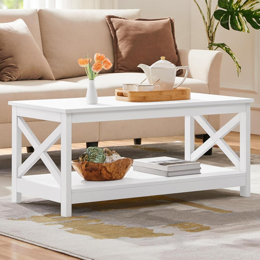 Yaheetech Wood 2-Tier White Coffee Table with Storage Shelf for Living Room, X Design Accent Cocktail Table, Simple Design Home Furniture, 39.5 x 20 x 18 Inches