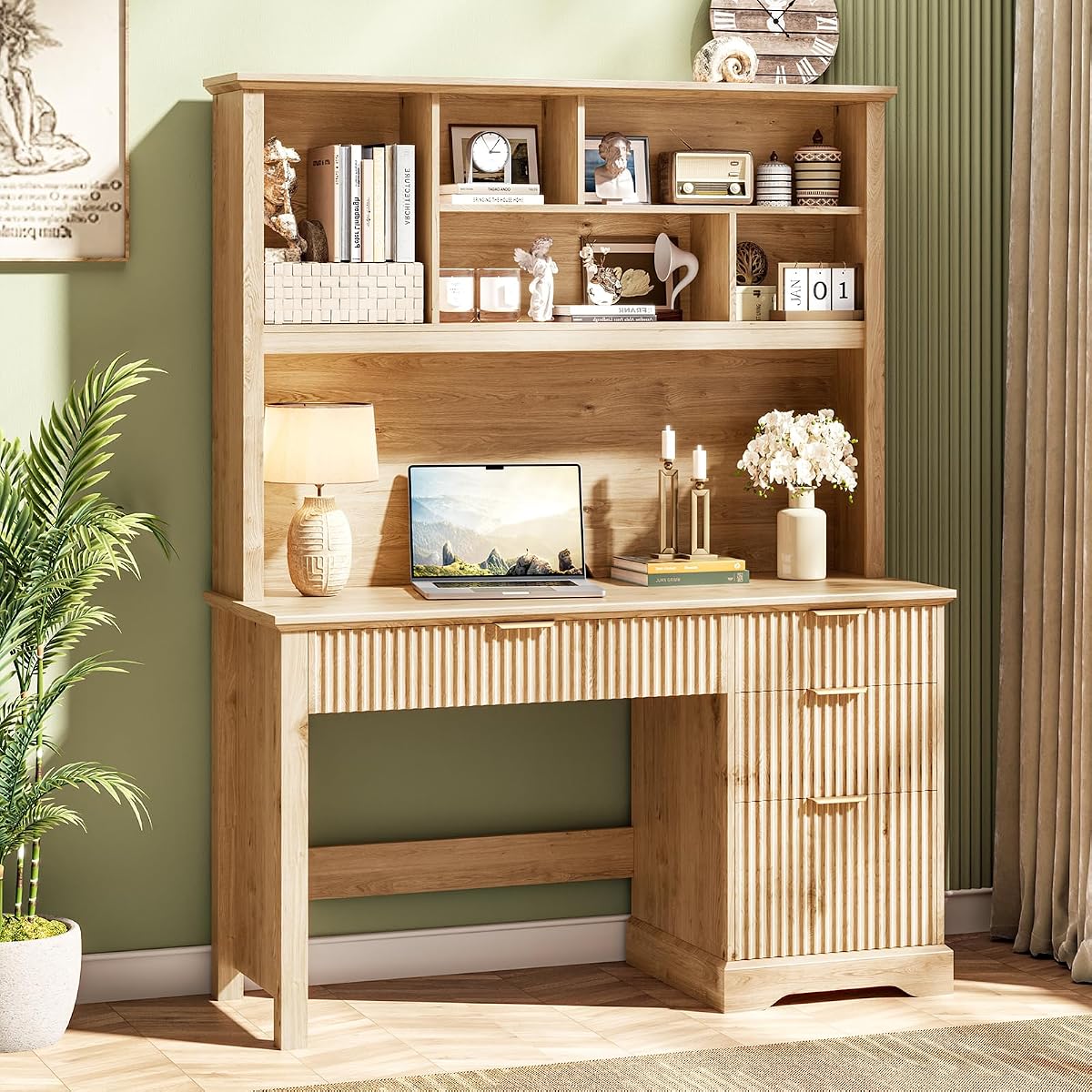 Fluted Executive Desk with Drawers, Wood Computer Desk with Ample File Drawer
