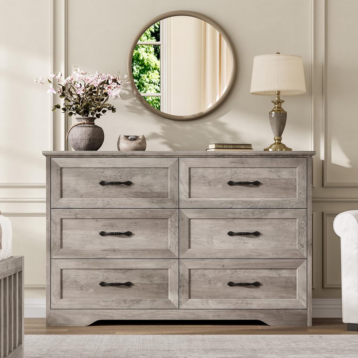 Farmhouse Wood 47.2" Wide 6 Drawer Dresser for Bedroom, Grey
