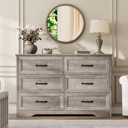 Farmhouse Wood 47.2" Wide 6 Drawer Dresser for Bedroom, Grey