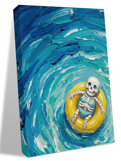 NuYeBiofx Ombre Blue Ocean Funny Skeleton Canvas Wall Art Prints,40"x28" Framed Picture Artwork Abstract Oil Painting Printed Canvas Oil Painting for Living Room Bedroom Office,Ready to Hang