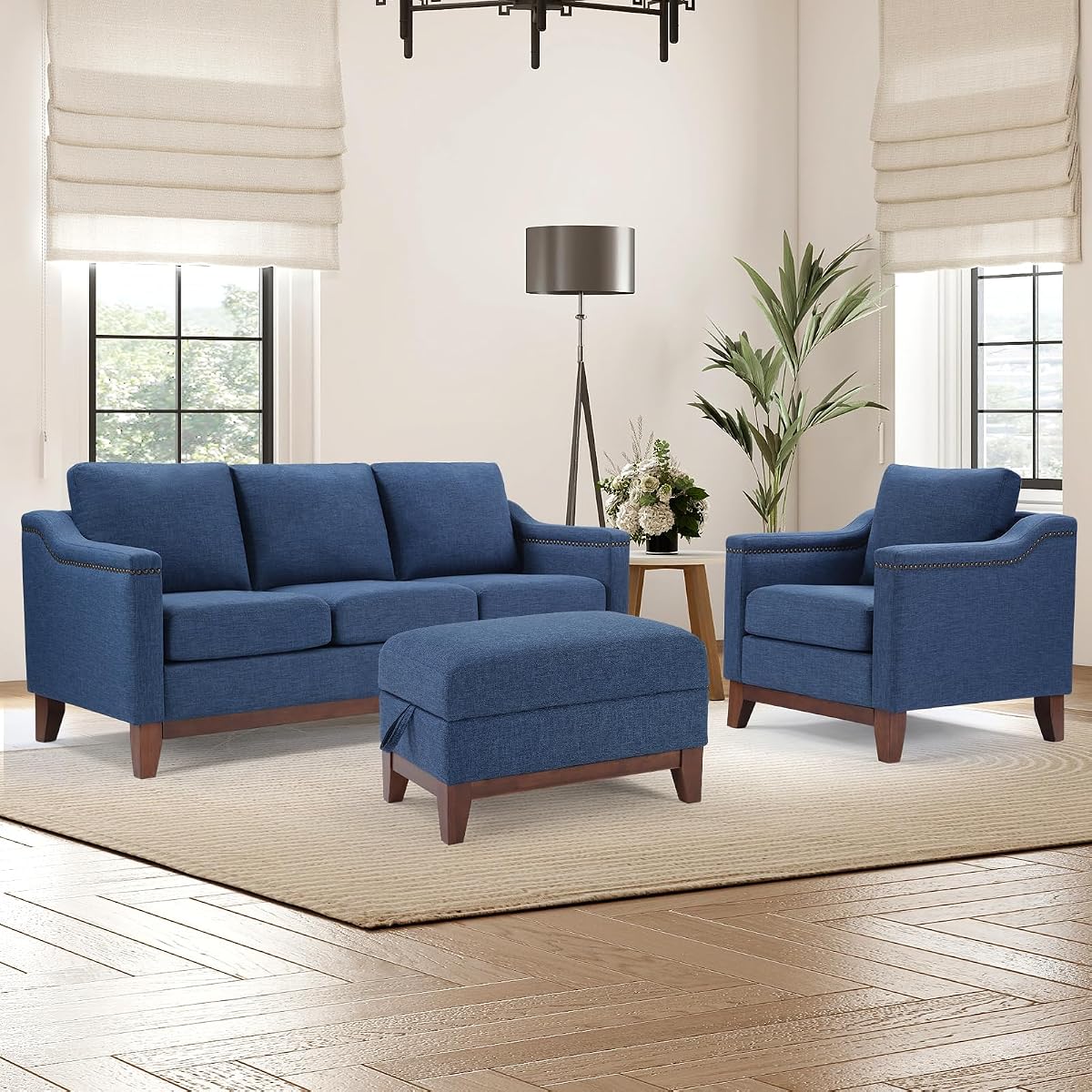 Modern 3 Piece Sofa Set with Rivets, Included Fabric Accent Chair, Upholstered 3-Seater Couches with Solid Wood Legs and Storage Ottoman, Living Room Furniture Set,Blue