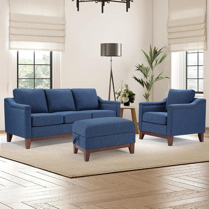 Modern 3 Piece Sofa Set with Rivets, Included Fabric Accent Chair, Upholstered 3-Seater Couches with Solid Wood Legs and Storage Ottoman, Living Room Furniture Set,Blue