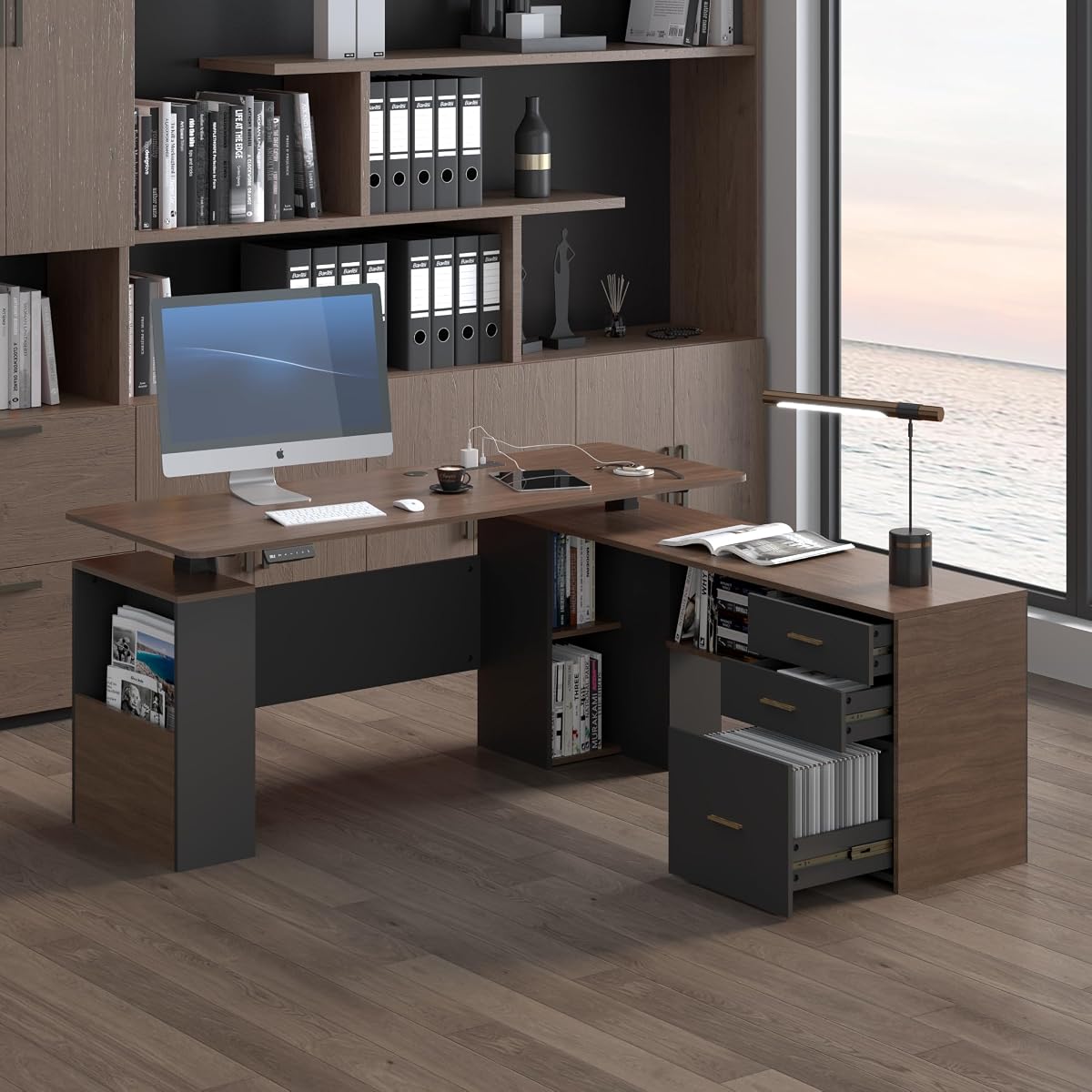 63" L Shaped Executive Standing Desk with Drawers,Brown and Black