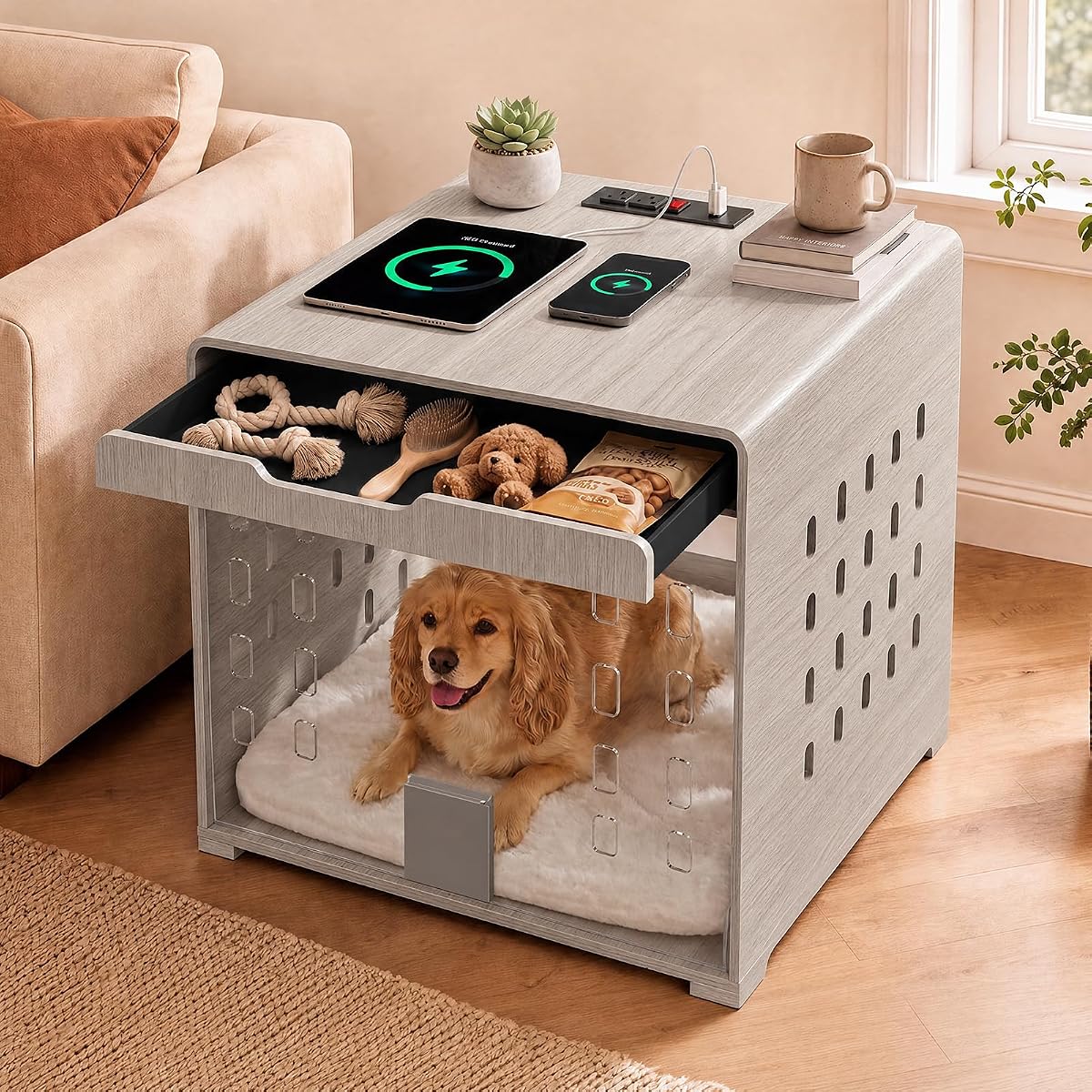 Modern Dog Crate Furniture Wooden Kennel Charging Station End Table Grey