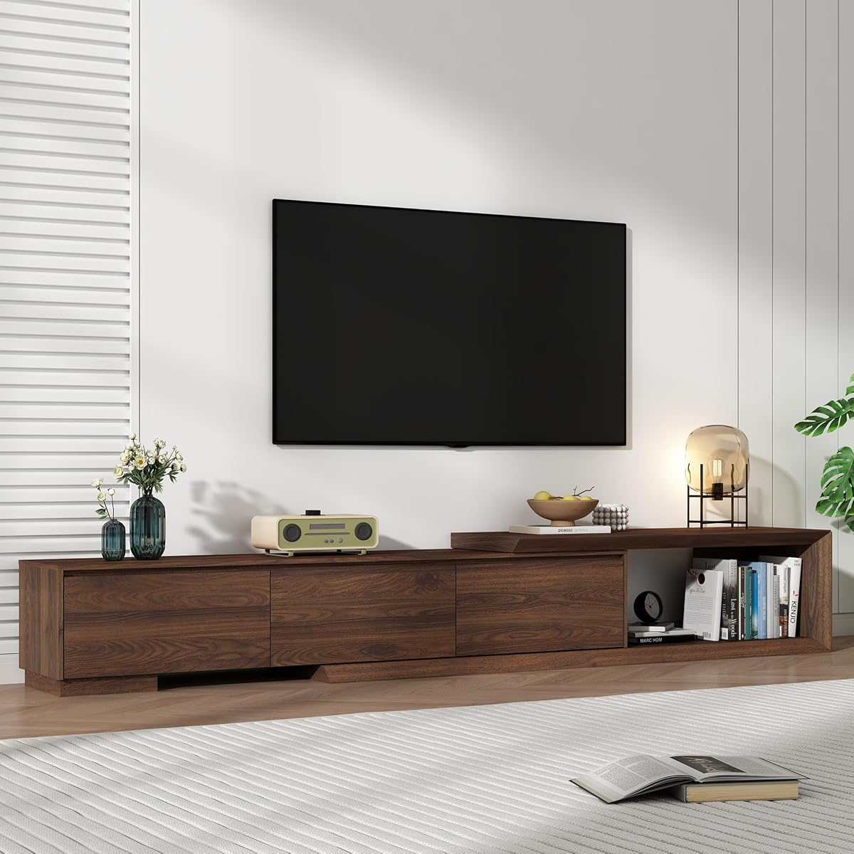 Extendable TV Stand with 3 Drawers, Modern Minimalist Entertainment Center