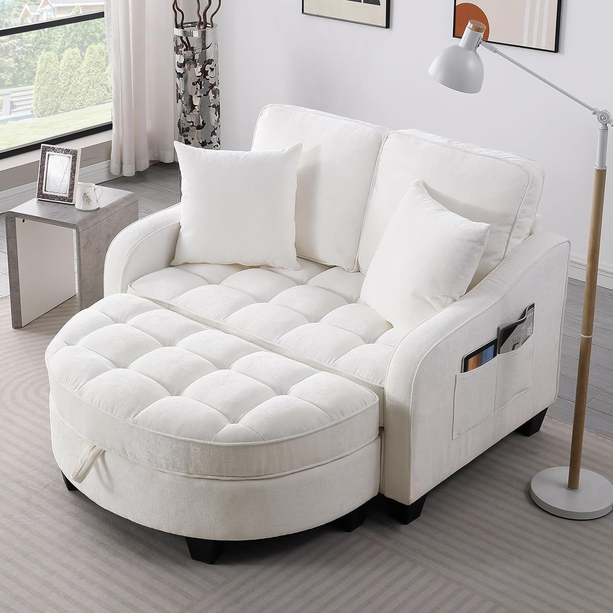 51" Sleeper Sofa Bed, Corduroy Chaise Lounge with Ottoman, White
