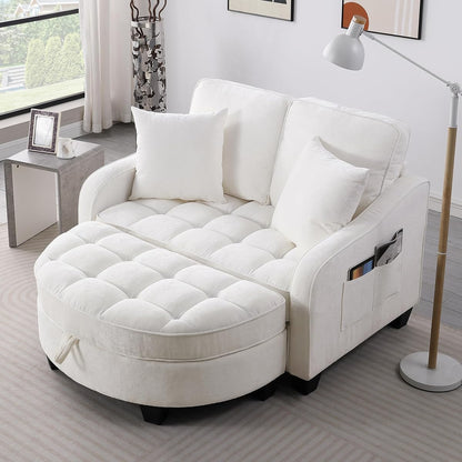 51" Sleeper Sofa Bed, Corduroy Chaise Lounge with Ottoman, White