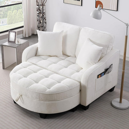 51" Sleeper Sofa Bed, Corduroy Chaise Lounge with Ottoman, White