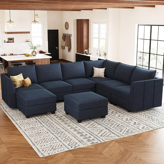 Modular Sectional Sofa U Shaped Couch with Storage Ottoman Velvet Sectional Couch for Living Room, Blue