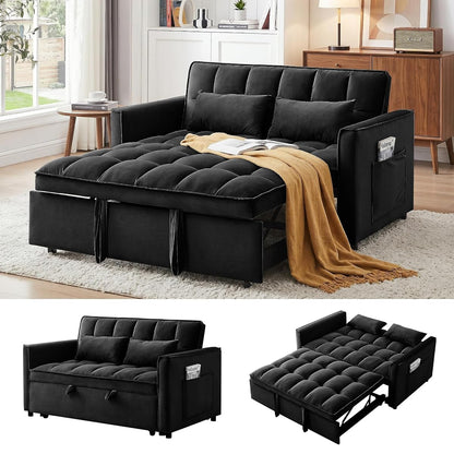 3 in 1 Convertible Sleeper Sofa Bed, 55" Pull Out Couches, Modern Loveseat Sleeper Sofa with Adjustable Reclining Backrest & Side Pockets for Living Room, Velvet Fabric, Black