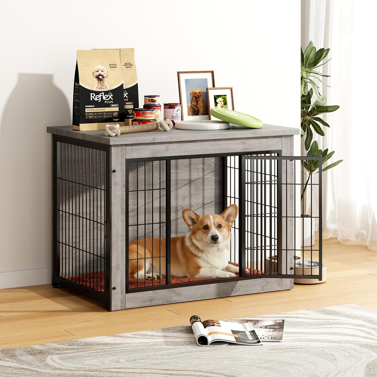 3-in-1 Wooden Dog Crate Furniture, Side Table & Kennel with Cushion
