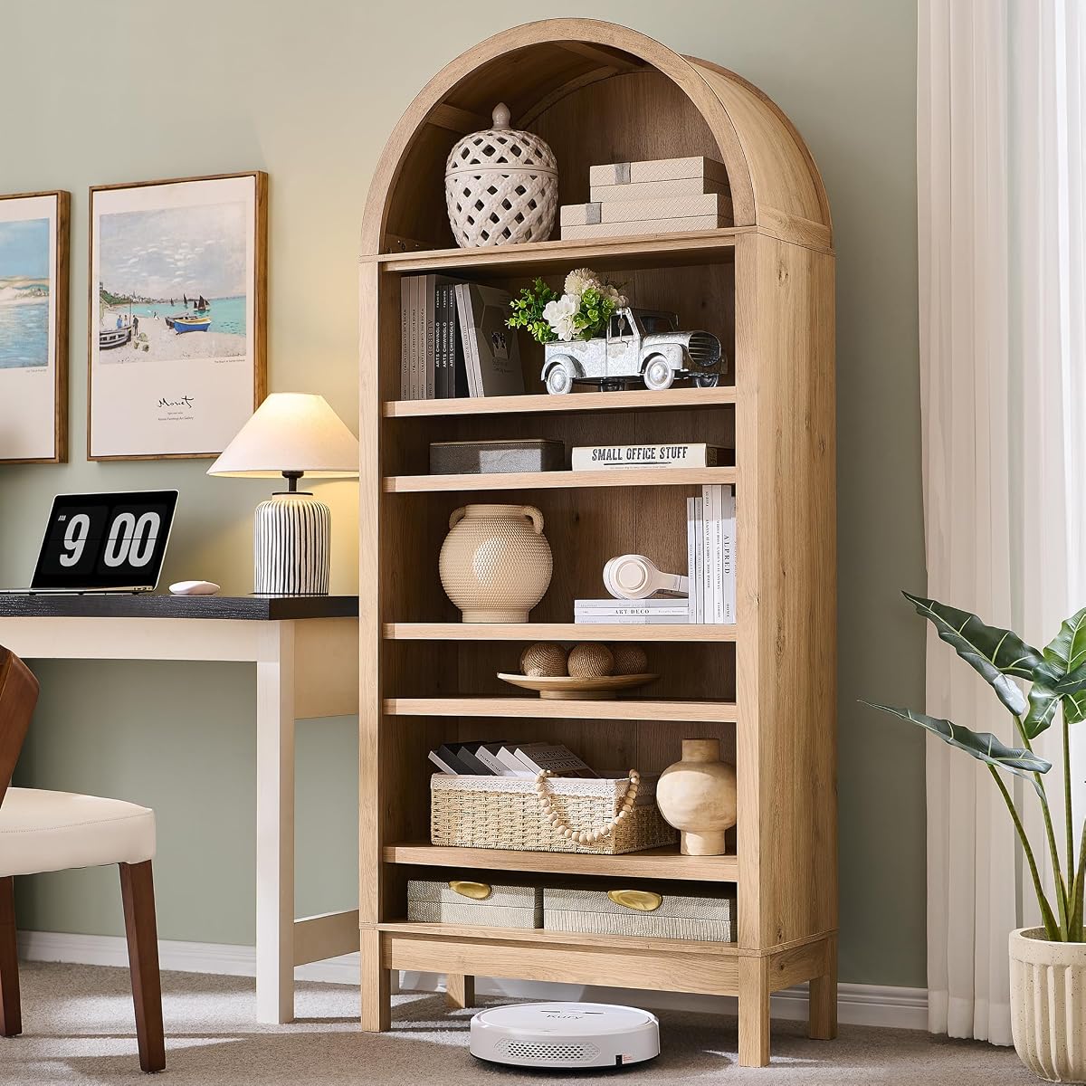 71" Tall Arched Bookshelf, 7 Tiers Arch Bookcase with Storage, Modern Farmhouse Book Shelf with Adjustable Shelves, Wood Bookshelf w/Open Display Shelves for Living Room, Office (Natural)