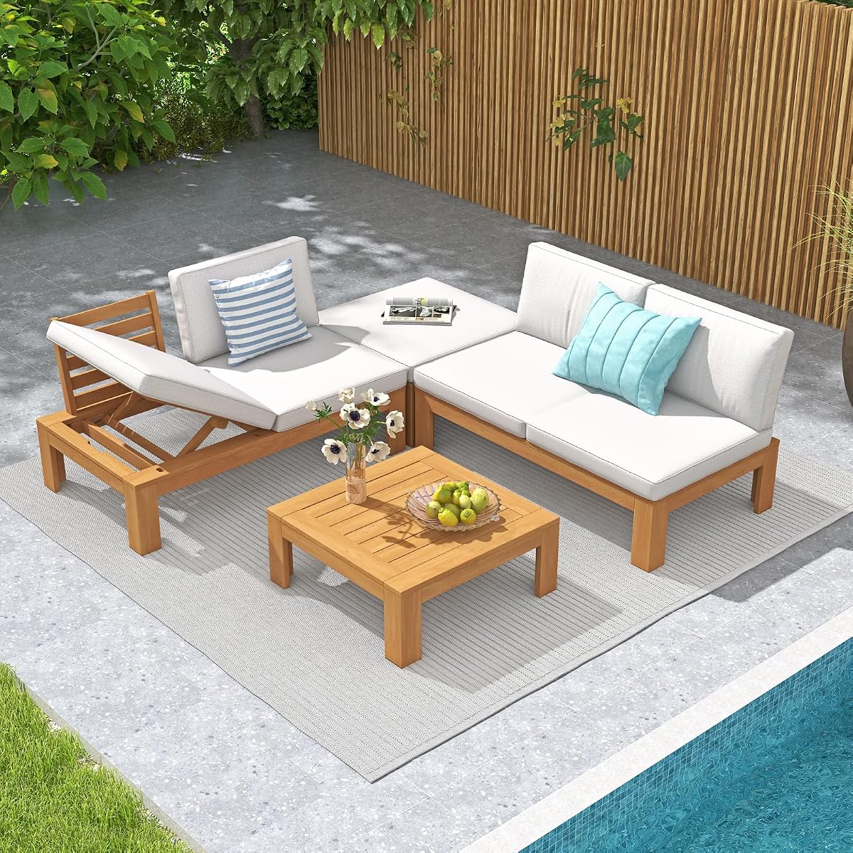 4 Piece Acacia Wood Patio Furniture Outdoor Sectional Sofa Set with Adjustable Armrest, FSC Certified L-Shaped Patio Set w/2-in-1 Coffee Table, Cream White Cushions for Garden