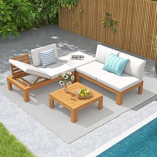 4 Piece Acacia Wood Patio Furniture Outdoor Sectional Sofa Set with Adjustable Armrest, FSC Certified L-Shaped Patio Set w/2-in-1 Coffee Table, Cream White Cushions for Garden