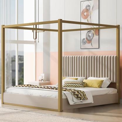King Size Canopy Bed Frame with Headboard and Metal Frame for Bedroom