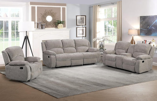 Soft Microfiber Reclining Sofa Set, Drop Down Table, Cupholder Console, Living Room Set, Sofa Loveseat Glider Chair 8018M (Light Grey, Sofa+Loveseat+Chair)