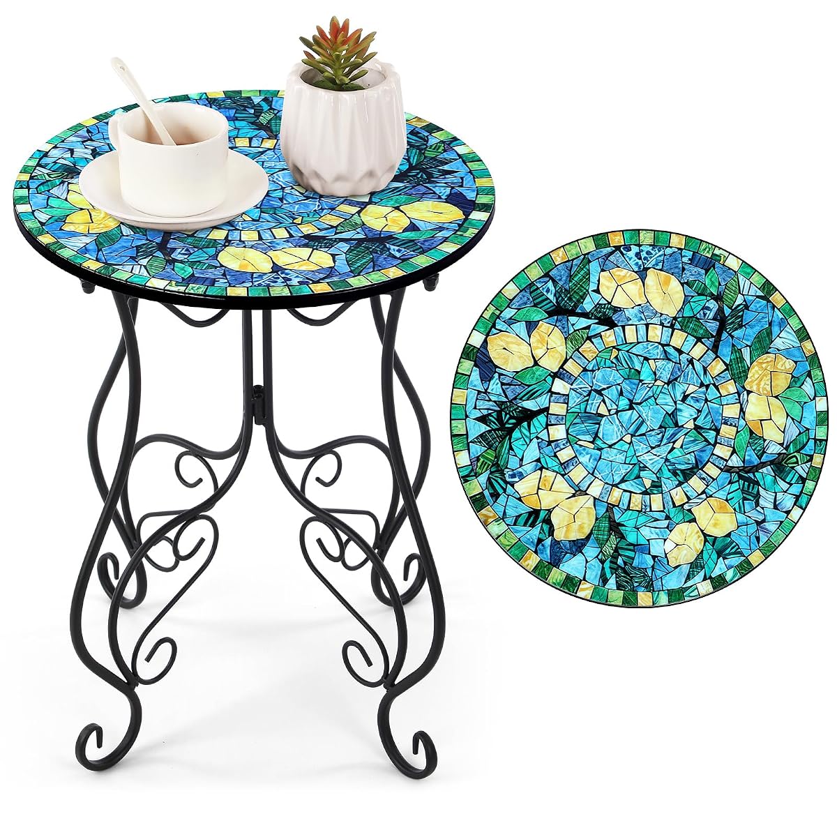 14 Inch Lemon Small Outdoor Patio Side Table Lemon Round Mosaic Side Table Accent Indoor End Plant Metal Coffee Tea Furniture for Yard Porch Garden Living Room Bedroom