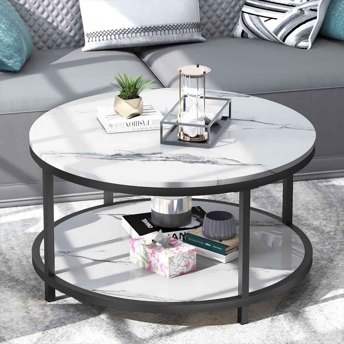 Round Coffee Table 33.5" Coffee Tables for Living Room High Glossy Faux White Marble Top Modern Circle Table Sturdy Metal Frame Legs Cocktail Table with Storage Open Shelf
