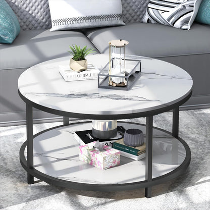 Round Coffee Table 33.5" Coffee Tables for Living Room High Glossy Faux White Marble Top Modern Circle Table Sturdy Metal Frame Legs Cocktail Table with Storage Open Shelf
