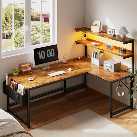 53"L Shaped Desk with Storage Shelf,Side Bag,Hook for Small Space
