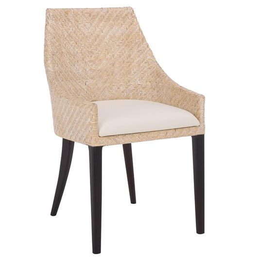 SAFAVIEH Home Collection – Riko White Washed Rattan Arm Chair with Ivory Seat Cushion, Modern Curved Silhouette, Fully Assembled (ACH4906A)