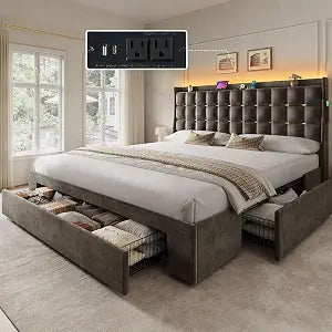 King Size Bed Frame with 3 Storage Drawers and RGB LED Lights, view 2