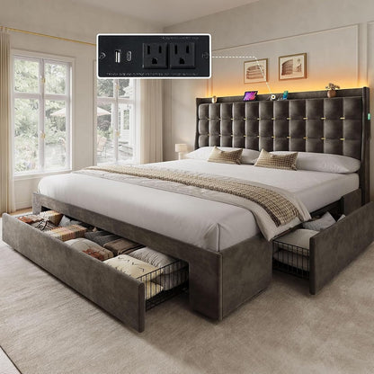 King Size Bed Frame with 3 Storage Drawers and RGB LED Lights