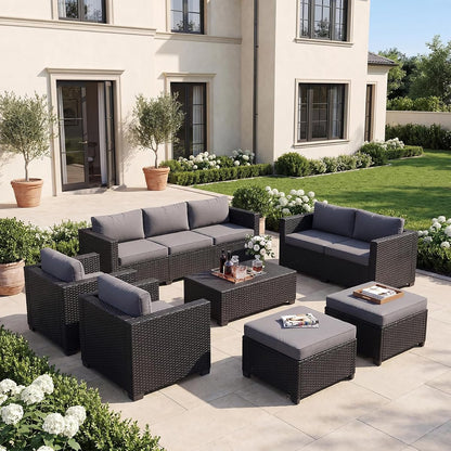 7-Piece Outdoor Patio Furniture Set, Rattan Outdoor Sectional with Thick Waterproof Cushions, Wicker Ottomans & Waterproof Cover, Patio Conversation Set for Garden, Backyard,Grey
