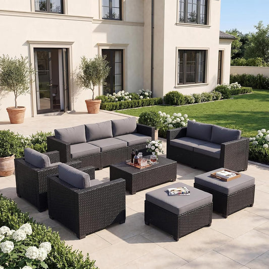 7-Piece Outdoor Patio Furniture Set, Rattan Outdoor Sectional with Thick Waterproof Cushions, Wicker Ottomans & Waterproof Cover, Patio Conversation Set for Garden, Backyard,Grey