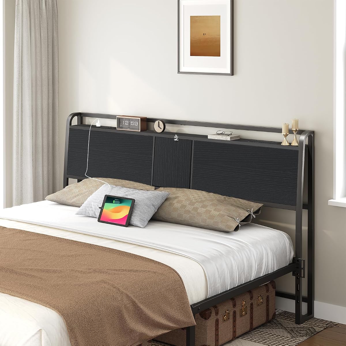 Headboard Queen Size with 2 Power Strips and Flip Door Storage
