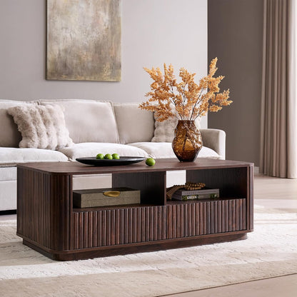 51" Fluted Coffee Table with Storage, Large Modern Center Table with 2 Drawers, Rectangle Wood Coffee Table for Living Room, Dark Walnut