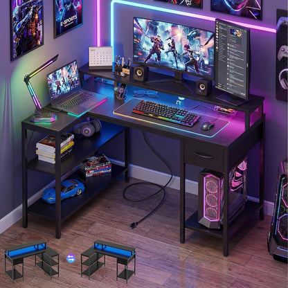 47 Inch L Shaped Gaming Desk, Corner Desks with Shelves, Black